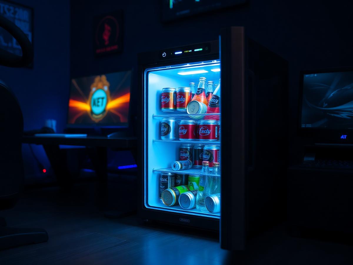 Drinks fridge filled with cans in a gaming room with blue lighting