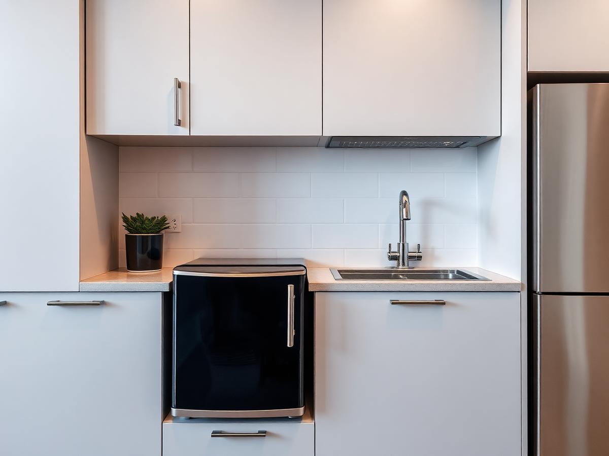 Compact fridge fitted into a small modern flat kitchen