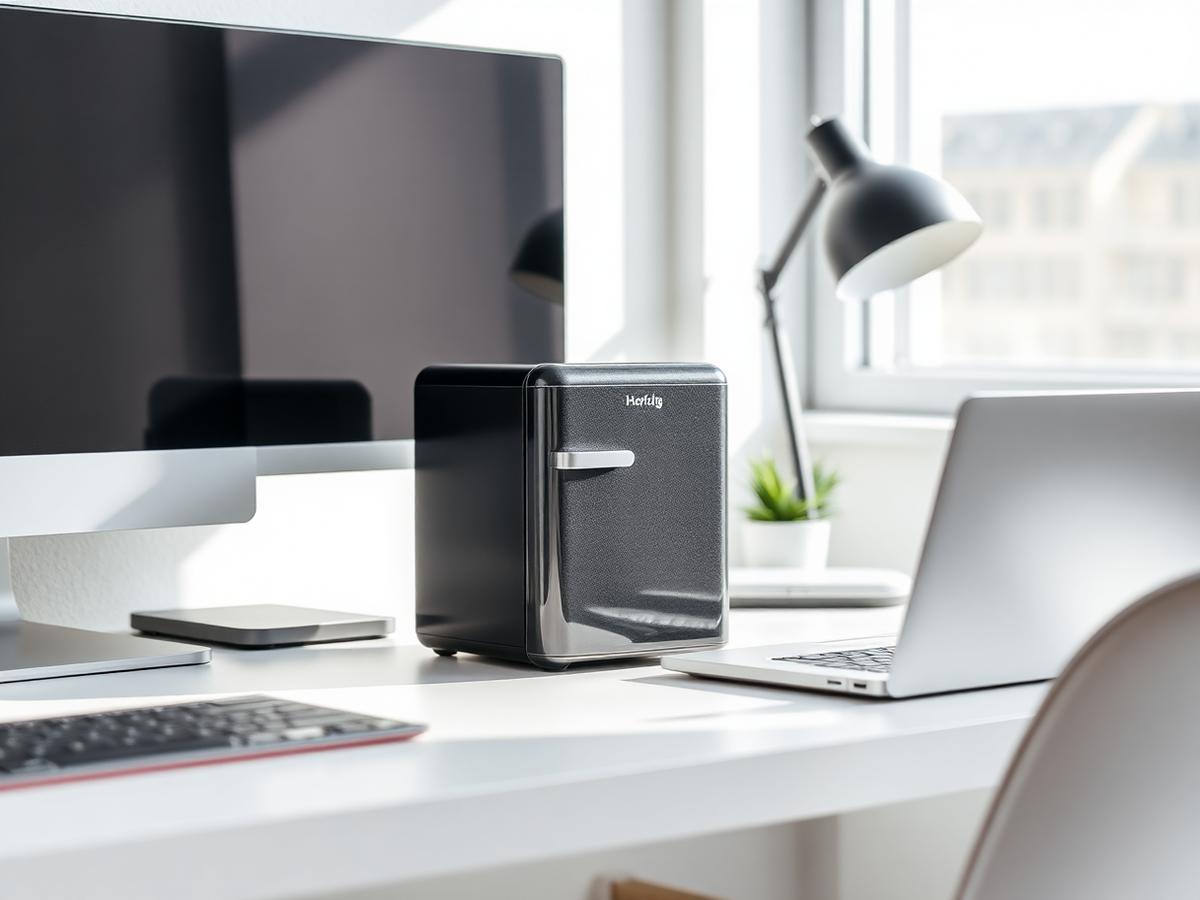 Compact mini fridge on a modern office desk beside a laptop