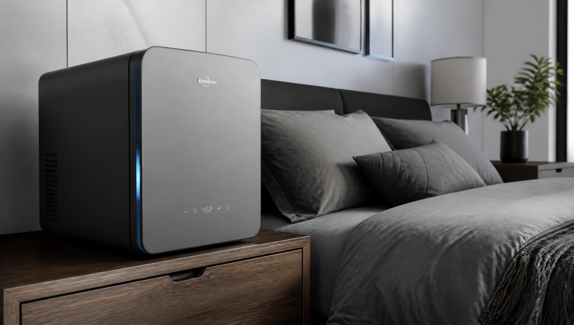 Stylish compact mini fridge on a bedside table in a modern bedroom